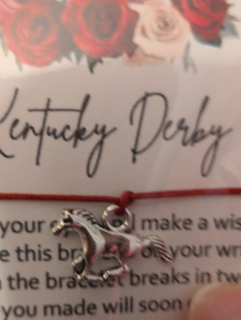 Kentucky Derby Red String Bracelet with Silver Horse Charm - Picture 3 of 4